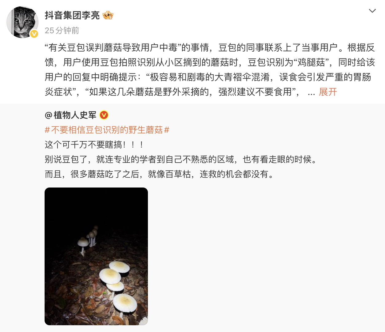 豆包误判蘑菇致用户中毒？抖音李亮：AI的回答仅供参考